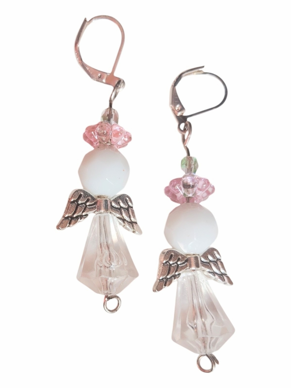 Pastel Pink White & Silver Angel Dangle Pierced Earrings Secure Wire Clasp